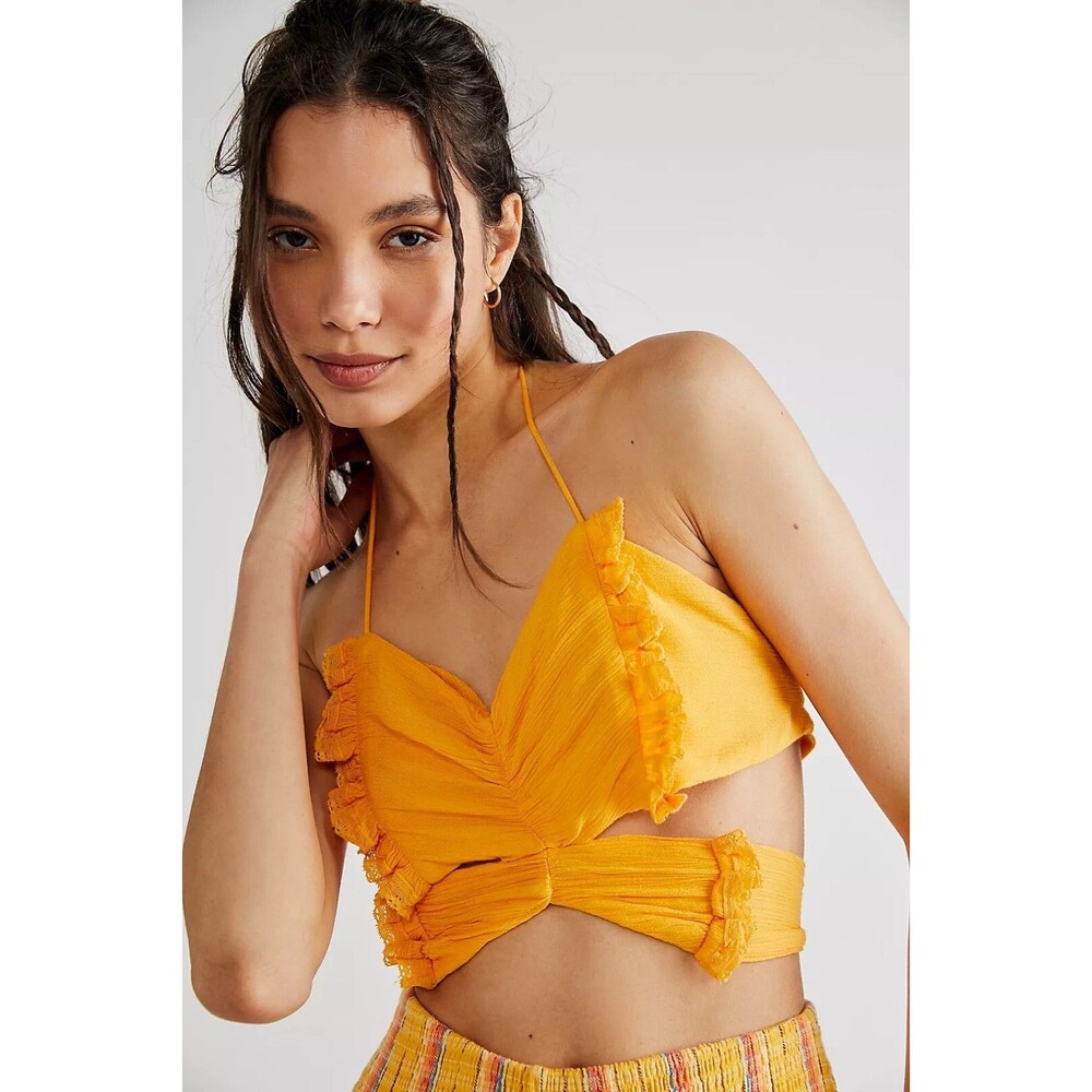 Free People Endless Summer  Fly Away Halter Cropped Top Smocked Ruffle M 262149
